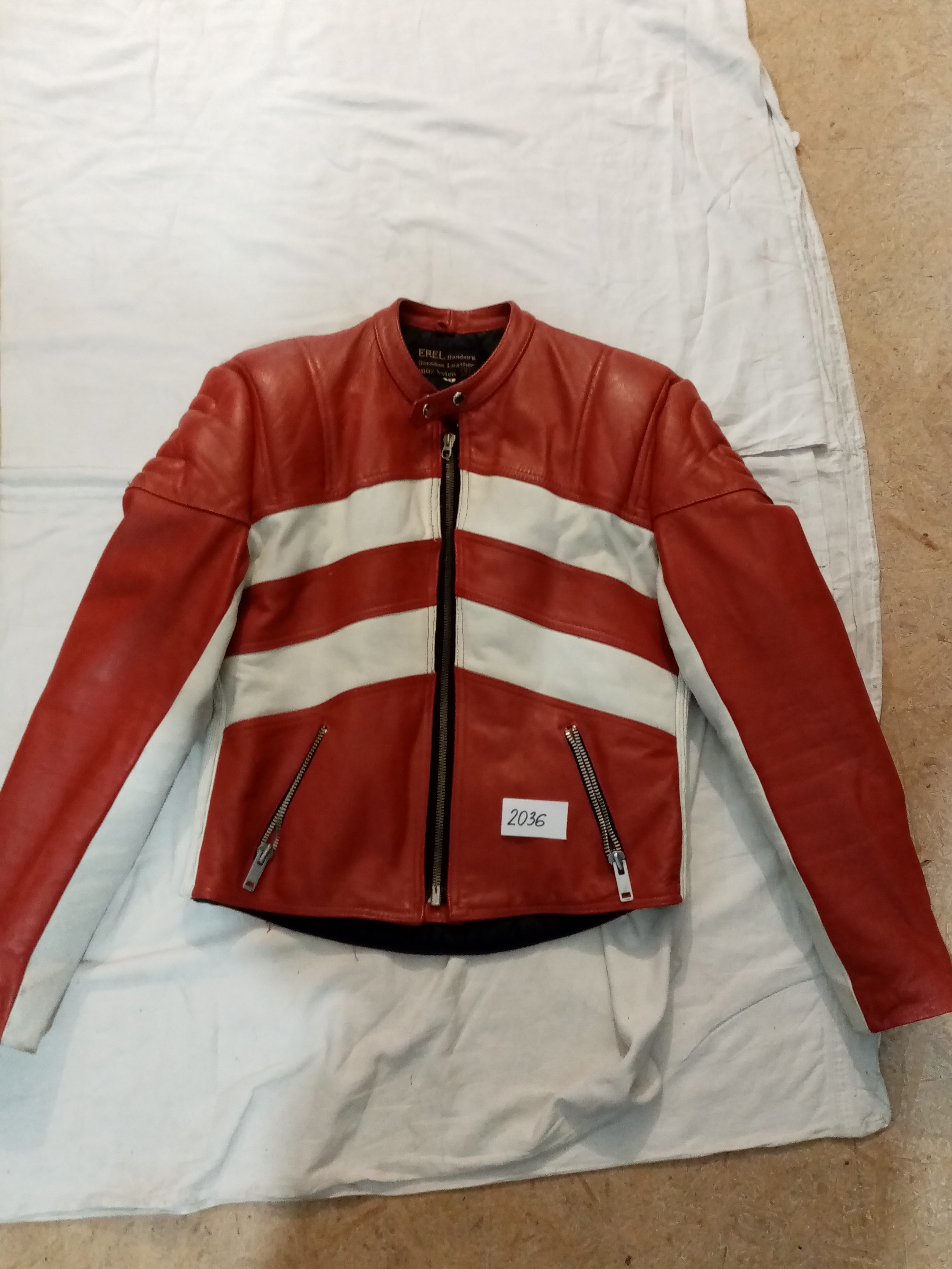 Moto kožená bunda EREL, červeno – bielej farby, veľ. 54, č.2036